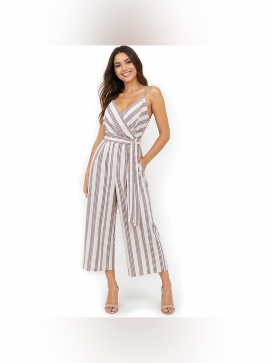 Banana Republic Pants - Banana Republic Striped Crop Jumpsuit Wrap V-Neck Tie Waist Wide Leg Size 4